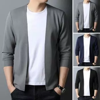 Мужское весенне-осеннее пальто, кардиган, однотонный эластичный кардиган с длинным рукавом и открытой строчкой, повседневный деловой стиль, тонкая мужская куртка средней длины L чёрный