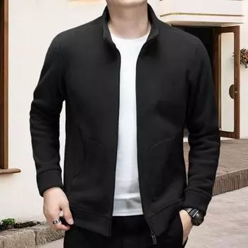 Мужское весенне-осеннее пальто с карманами, однотонное, с воротником-стойкой, длинными рукавами, застегивающееся на молнию, куртка средней длины, теплая флисовая верхняя одежда M темно-коричневого