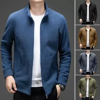 Мужское весенне-осеннее пальто с карманами, однотонное, с воротником-стойкой, длинными рукавами, застегивающееся на молнию, куртка средней длины, теплая флисовая верхняя одежда M чёрный