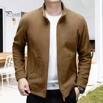 Мужское весенне-осеннее пальто с карманами, однотонное, с воротником-стойкой, длинными рукавами, застегивающееся на молнию, куртка средней длины, теплая флисовая верхняя одежда M темно-коричневого