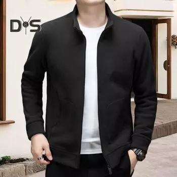 Мужское весенне-осеннее пальто с карманами, однотонное, с воротником-стойкой, длинными рукавами, застегивающееся на молнию, куртка средней длины, теплая флисовая верхняя одежда M темно-коричневого