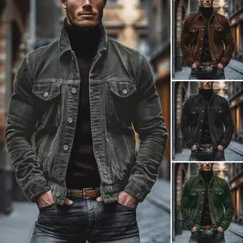 Мужское весенне-осеннее пальто Вельветовый отложной воротник Свободная верхняя одежда Однобортный с застежкой на пуговицы Длинный рукав Свободный M кофейный