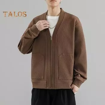 Мужское вязаное пальто с v-образным вырезом и длинным рукавом, однотонный вязаный кардиган с карманами на молнии, свободная верхняя одежда XL кофейный