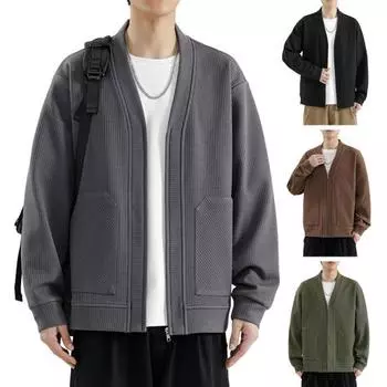 Мужское вязаное пальто с v-образным вырезом и длинным рукавом, однотонный вязаный кардиган с карманами на молнии, свободная верхняя одежда M