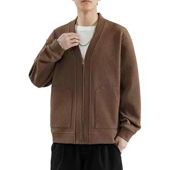 Мужское вязаное пальто с v-образным вырезом и длинным рукавом, однотонный вязаный кардиган с карманами на молнии, свободная верхняя одежда M