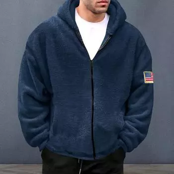 Мужское зимне-осеннее пальто с толстым плюшевым капюшоном, сплошной цвет, кардиган на молнии с длинными рукавами, ветрозащитный значок, декор, зимняя куртка средней длины XL серый