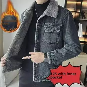 Мужское зимнее джинсовое пальто из овчины с бархатной подкладкой — утолщенное, повседневное, с лацканами, большого размера. XXL серый