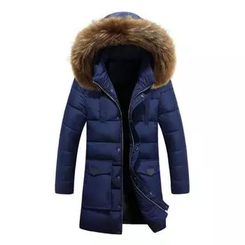 Мужское зимнее хлопковое пальто с капюшоном из искусственного меха с толстой подкладкой и длинным рукавом, ветрозащитное, теплое, удерживает тепло, съемная шляпа средней длины, карманы, застежка-молния M