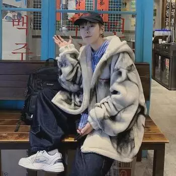 Мужское зимнее хлопковое пальто с капюшоном - корейский стиль, овечья шерсть и бархат, повседневная куртка свободного кроя. XL абрикосовый