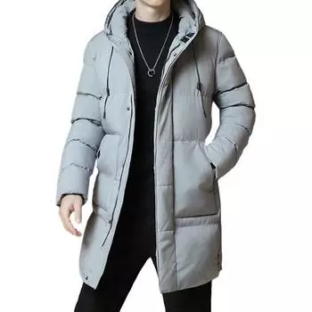 Мужское зимнее хлопковое пальто с плотной подкладкой и ветрозащитным капюшоном, легкое морозостойкое пальто на молнии с длинными рукавами, карманы на шнурке, пальто средней длины M серый
