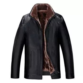 Мужское зимнее кожаное пальто для среднего и пожилого возраста, мужская меховая утолщенная кожаная куртка на флисовой подкладке, мужское кожаное пальто M чёрный