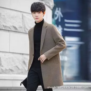 Мужское зимнее пальто, мужское пальто средней и длинной длины в корейском стиле, облегающее шерстяное пальто, утолщенный тренчкот 3XL чёрный
