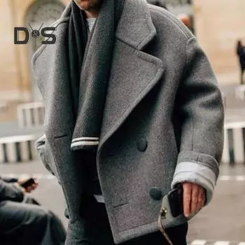 Мужское зимнее пальто с длинными рукавами и лацканами, двубортные карманы, однотонная теплая шерстяная верхняя одежда, уличная одежда 2XL белый