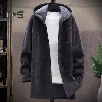 Мужское зимнее пальто с капюшоном, длинными рукавами, плюшевой подкладкой, трикотажное пальто средней длины, застежка-молния, утолщенный трикотаж 2XL чёрный