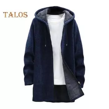 Мужское зимнее пальто с капюшоном, длинными рукавами, плюшевой подкладкой, трикотажное пальто средней длины, застежка-молния, утолщенный трикотаж M темно-серого