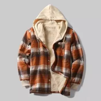 Мужское зимнее пальто с капюшоном и клетчатым принтом, мягкая теплая плюшевая однобортная однобортная зимняя куртка с длинными рукавами и накладным карманом на шнурке, контрастного цвета 2XL коричневый