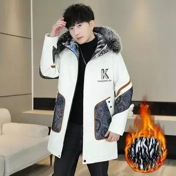 Мужское зимнее пальто с капюшоном из искусственного меха, длинный рукав, повседневный стиль, полиэстер, застежка-молния спереди, принт с буквами, подкладка из полиэстера, спущенные рукава M чёрный
