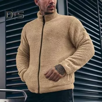 Мужское зимнее пальто с воротником-стойкой, длинным рукавом, однотонная утолщенная плюшевая куртка с карманами, застежка-молния, верхняя одежда M хаки