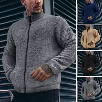 Мужское зимнее пальто с воротником-стойкой, длинным рукавом, однотонная утолщенная плюшевая куртка с карманами, застежка-молния, верхняя одежда M темно-синий