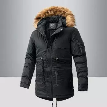 Мужское зимнее пальто средней длины из хлопка с утолщенным бархатом и большим меховым воротником с капюшоном из хлопка L