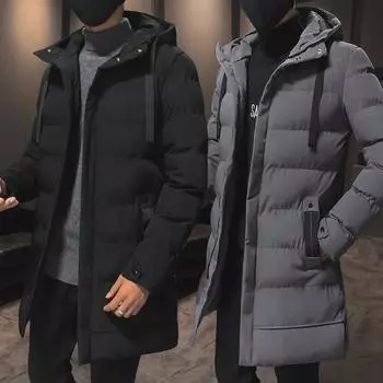 Мужское зимнее пальто средней длины в корейском стиле из утолщенного хлопка 2022 года Medium чёрный