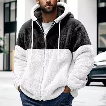 Мужское зимнее пальто Yousheng из толстого флиса с капюшоном и завязками на шнурке, цветная молния с длинными рукавами, ветрозащитный кардиган для путешествий на открытом воздухе XXL чёрный