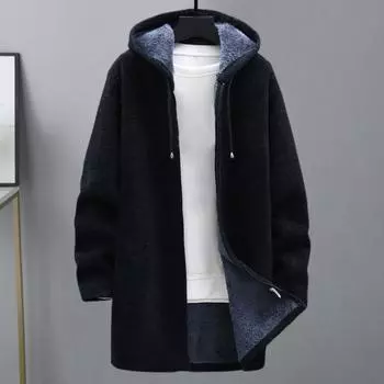 Мужское зимнее пальто Yousheng с капюшоном, длинными рукавами, плюшевой подкладкой, трикотажное пальто средней длины, застежка-молния, утолщенный трикотаж 2XL темно-синий
