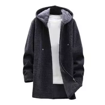 Мужское зимнее пальто Yousheng с капюшоном, длинными рукавами, плюшевой подкладкой, трикотажное пальто средней длины, застежка-молния, утолщенный трикотаж M темно-синий