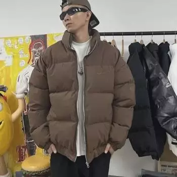 Мужское зимнее теплое хлопковое пальто с высоким воротником и цветочной вышивкой, свободный американский стиль, повседневная куртка на молнии L коричневый