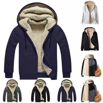 Мужское зимнее теплое пальто из овечьего флиса, кардиган с капюшоном, флисовая плотная куртка, повседневная толстовка с капюшоном, плюшевое пальто с капюшоном L чёрный