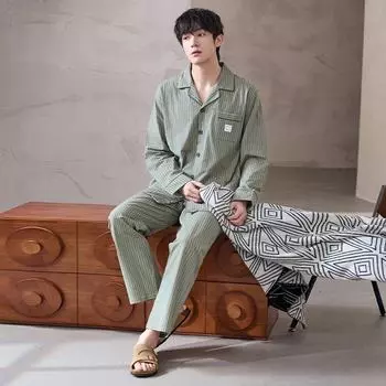 Мужской антибактериальный хлопковый пижамный комплект 7A в полоску — весна/осень, длинный рукав и брюки, повседневная домашняя одежда. Z9553, XL
