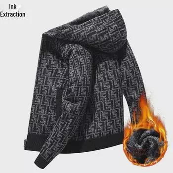 Мужской бархатный кардиган с капюшоном из плотной вязки - Коллекция Осень/Зима 2023 XL бежевый