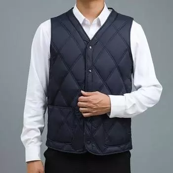 Мужской бархатный стеганый жилет с V-образным вырезом, без рукавов, однобортный, с застежкой на кнопках, с утолщенной плюшевой подкладкой, зимний хлопковый жилет XL темно-синий