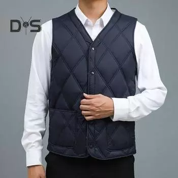 Мужской бархатный стеганый жилет с V-образным вырезом, без рукавов, однобортный, с застежкой на кнопках, с утолщенной плюшевой подкладкой, зимний хлопковый жилет L серый
