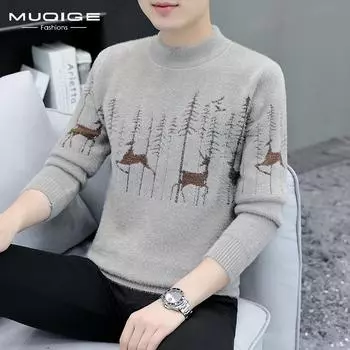 Мужской бархатный свитер сохраняет тепло, зимняя одежда, рубашка с диким круглым воротником, осенне-зимний трикотаж M серый