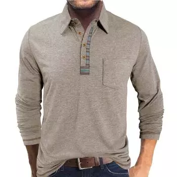 Мужской базовый топ с цветным хлопковым лацканом на пуговицах и длинным рукавом XL бежевый