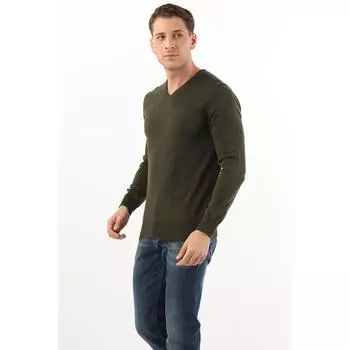 Мужской базовый трикотажный свитер с v-образным вырезом цвета хаки