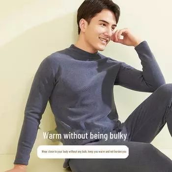 Мужской бесшовный костюм Cationic Plus Velvet из толстого теплого бархата: Топ с высоким воротником и осенние брюки из овчины 4XL