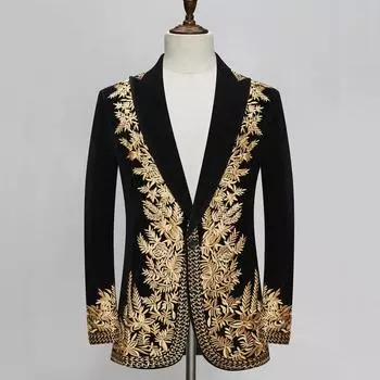 Мужской блейзер, стильный черный бархатный пиджак с вышивкой XS