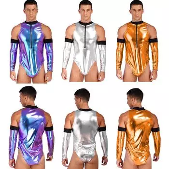 Мужской блестящий лаковый костюм для ролевых игр, боди без рукавов с воротником-стойкой и молнией, перчатки L