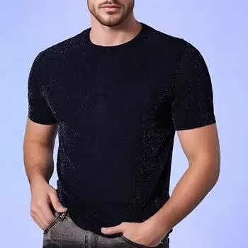 Мужской блестящий топ, прозрачная сетчатая футболка с короткими рукавами и круглым вырезом S чёрный