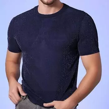 Мужской блестящий топ, прозрачная сетчатая футболка с короткими рукавами и круглым вырезом XL синий