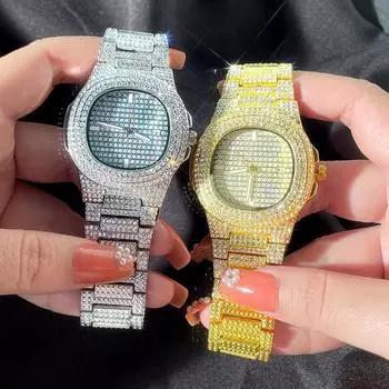 Мужской браслет-цепочка в стиле хип-хоп с кубинскими звеньями и наручными часами, блестящая цепочка со льдом, полный горный хрусталь, хрустальные браслеты, ювелирные изделия