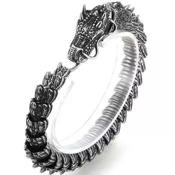 Мужской браслет-цепочка в стиле ретро из нержавеющей стали с драконьим телом и зелеными фианитами в виде глаз, винтажная отделка, панк-рок, байкерские украшения 20CM чёрный