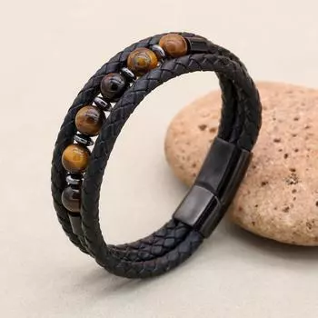 Мужской браслет и модная бижутерия из многослойной натуральной кожи с тигровым глазом и магнитным браслетом из нержавеющей стали length 19cm бирюзовый