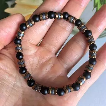 Мужской браслет из черного оникса с круглыми бусинами и каменными бусинами со стрелками для йоги серебряный