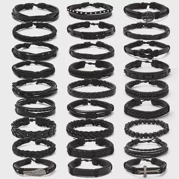 Мужской браслет из натуральной кожи Cross-Border черного цвета с несколькими звеньями Other