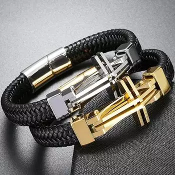 Мужской браслет из натуральной кожи с крестом, браслеты из воловьей кожи, однотонные браслеты из нержавеющей стали 316L, подвесные браслеты на руку, ювелирные аксессуары 19CM серебряный