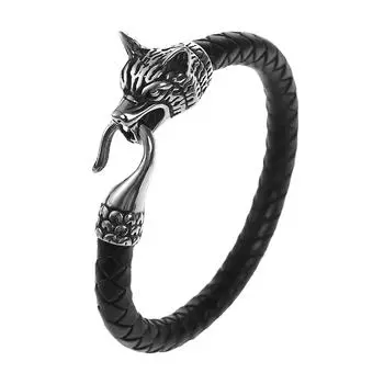 Мужской браслет из нержавеющей стали с головой волка викингов из натуральной кожи, браслет с головой волка Одина, ювелирные изделия 25CM