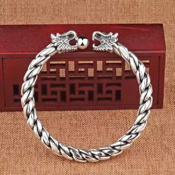 Мужской браслет из стерлингового серебра S999, винтажный тканый однотонный открытый регулируемый двойной дракон, играющий жемчуг, подарок для доминирующего серебряного браслета парня Adjustable size